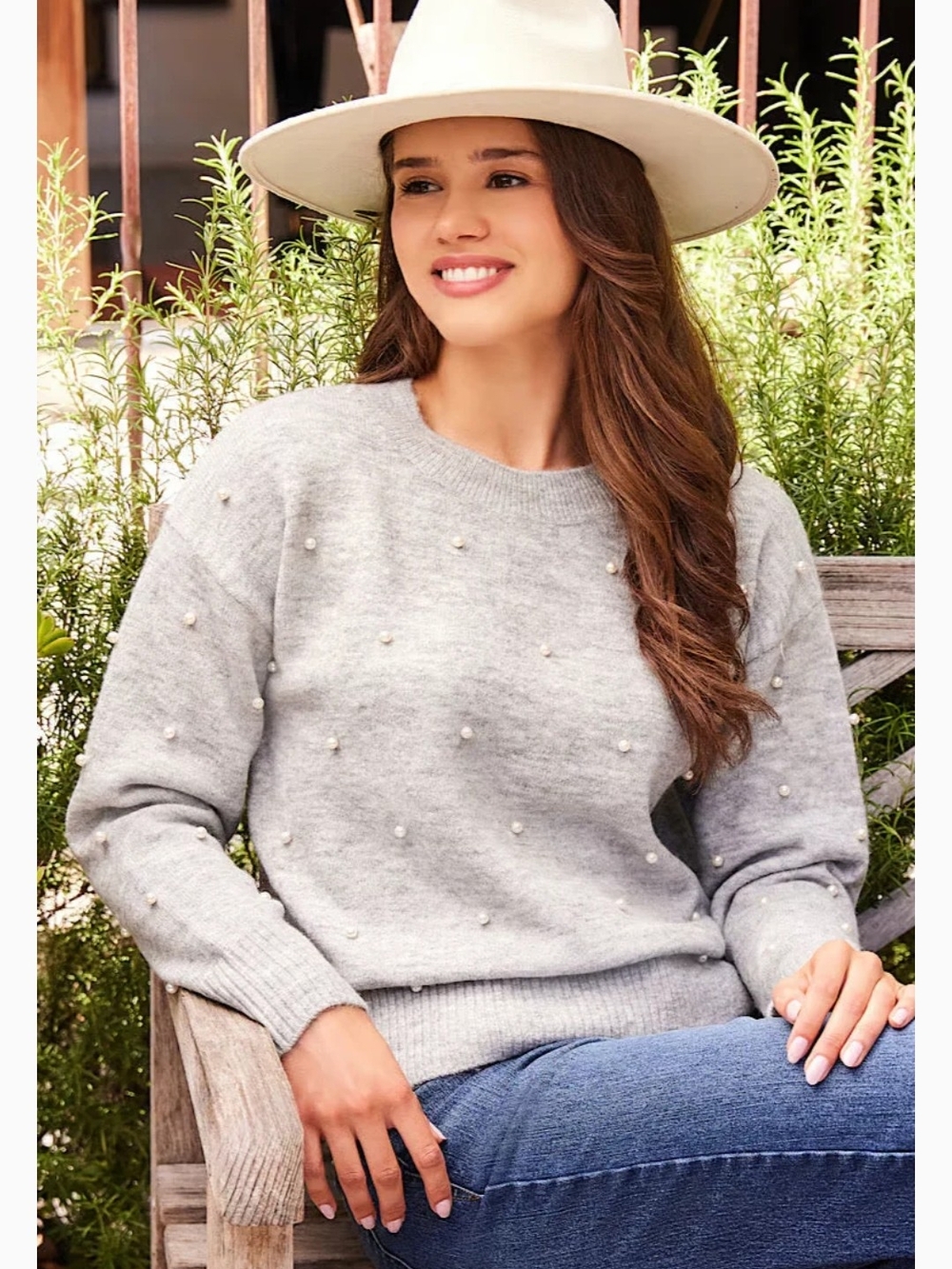 St. John's Bay Gray Pearl-Detail Crewneck Sweater